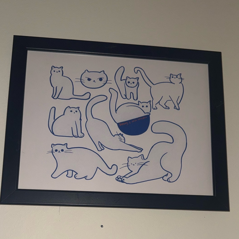 Framed Cat Art Print in Black and Blue